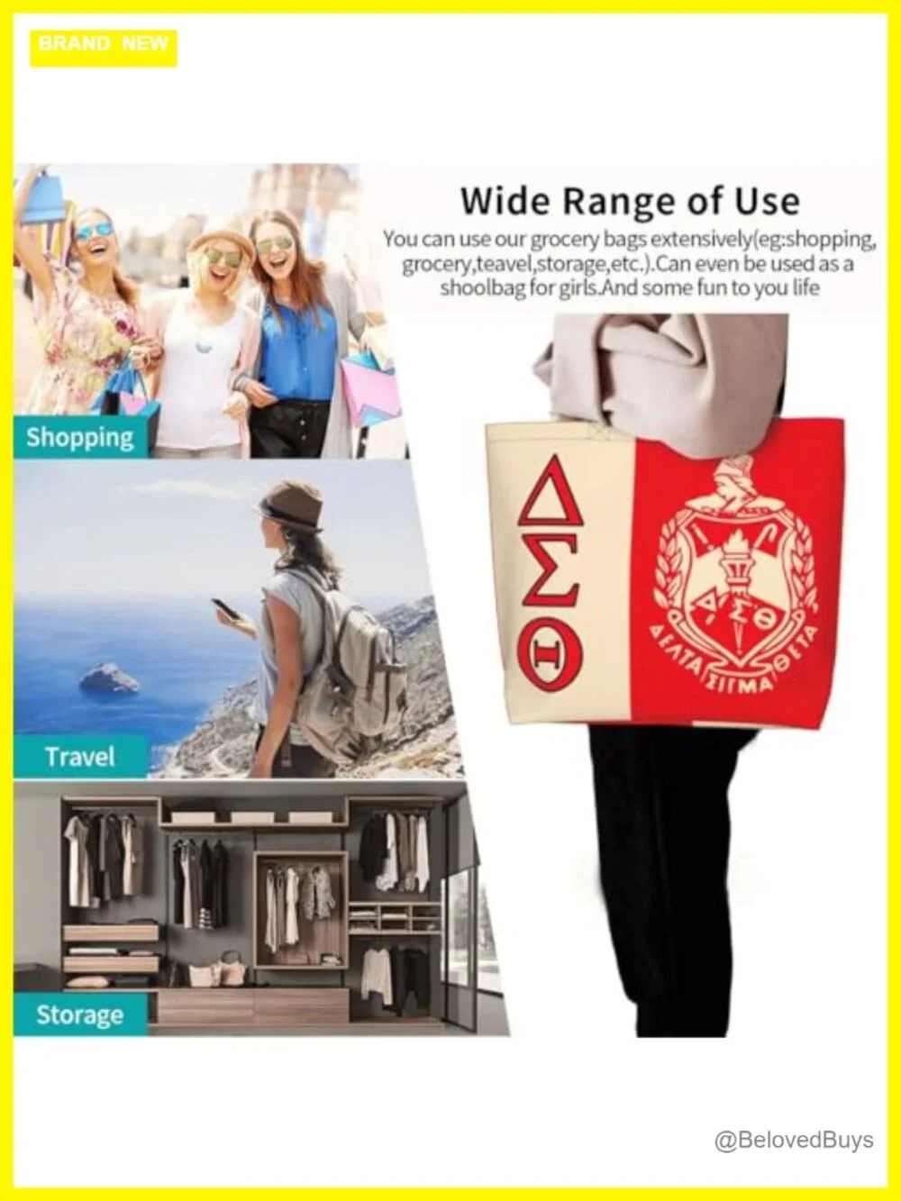 Large Capacity Shopping Tote Bag, Polyester, Adjustable Strap, Water-Resistant,